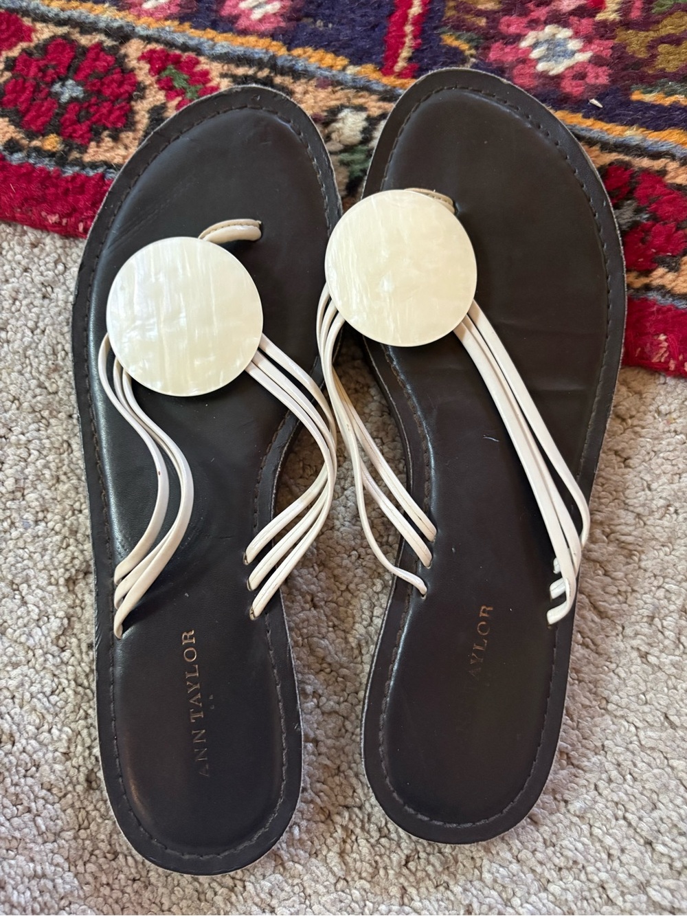 Ann Taylor Black Sandals with Cream Medallion